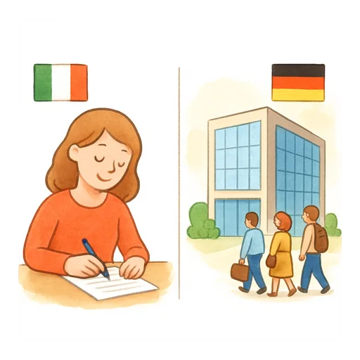 Zwei Bilder: mit der italienischen Flagge unterschreibt eine Frau ein Dokument; mit der deutschen Flagge ein großes Bürogebäude