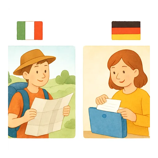 Zwei Bilder: mit der italienischen Flagge liest ein Wanderer eine Karte; mit der deutschen Flagge legt eine Schülerin Blätter in eine Mappe
