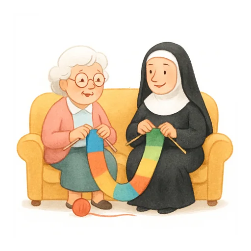 Eine Oma und eine Nonne sitzen auf dem Sofa und stricken zusammen einen bunten Schal