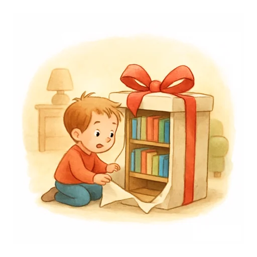 Ein Kind packt ein großes Geschenk aus und findet darin ein Bücherregal