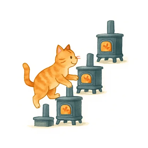 Eine kleine Treppe aus gusseisernen Öfen, auf der eine Katze nach oben geht