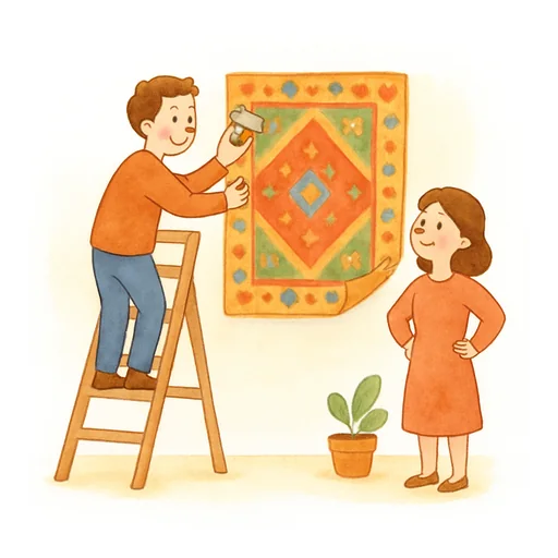 Ein Mann auf einer Leiter klebt einen bunten Teppich wie eine Tapete an die Wand