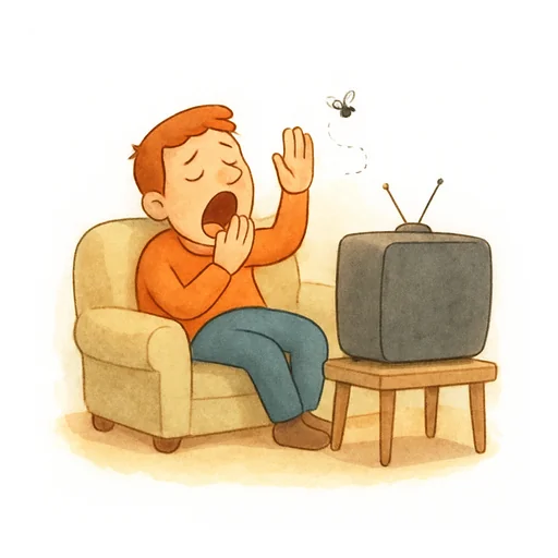 A man yawning in front of a dull television while an annoying fly buzzes round his head
