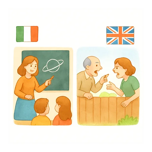 Two panels: with the Italian flag, a teacher explaining a topic; with the British flag, two neighbours having an argument