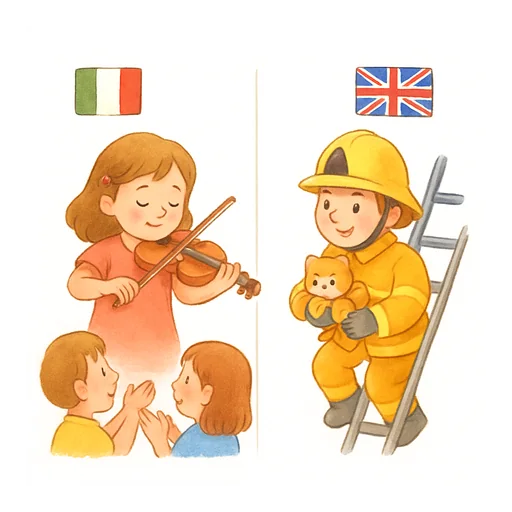 Two panels: with the Italian flag, a girl playing the violin very well; with the British flag, a brave firefighter rescuing a kitten