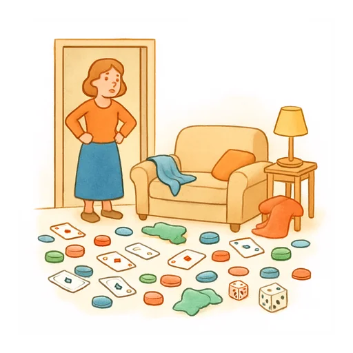 A very messy living room full of playing cards, chips and dice, and a mother standing in the doorway