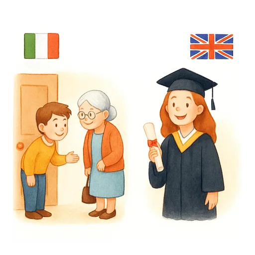 Two panels: with the Italian flag, a polite boy holding the door for an old lady; with the British flag, a graduate with her diploma