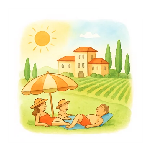 A family sunbathing in front of a country estate with a villa and vineyards under the summer sun