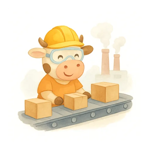 A cow in a hard hat and safety goggles working on a factory assembly line
