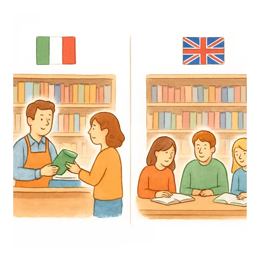 Two panels: with the Italian flag, a bookseller selling a book; with the British flag, students reading in a library