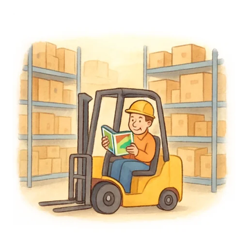 A forklift driver in a huge warehouse stopping to read a colourful magazine