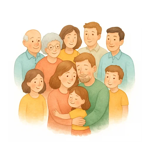 A big family gathering, with a little girl hugging only her mum and dad