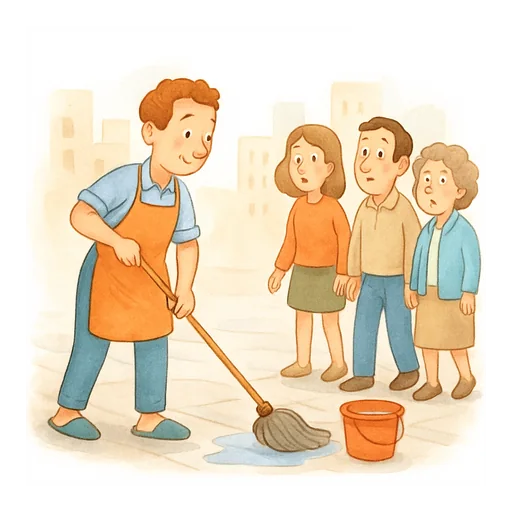 A man in slippers and an apron mopping a city pavement as if it were his kitchen floor