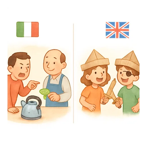 Two panels: with the Italian flag, an angry customer demanding his money back; with the British flag, children pretending to be pirates
