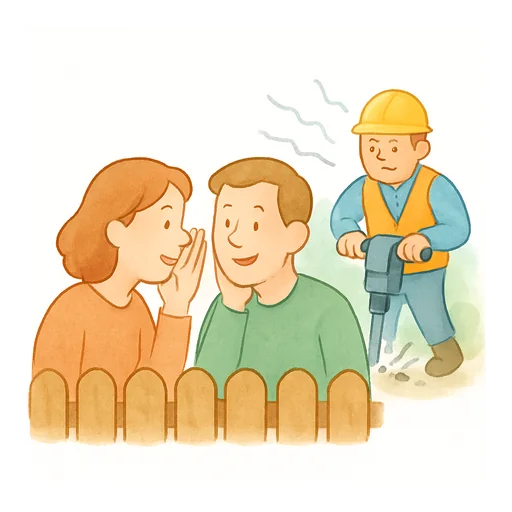 Two neighbours whispering a secret while a road worker makes a racket with a jackhammer