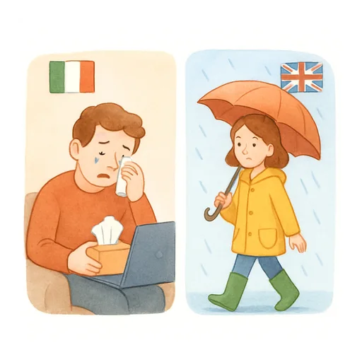 Two panels: with the Italian flag, a man moved to tears by a film; with the British flag, a sensible woman with an umbrella in the rain
