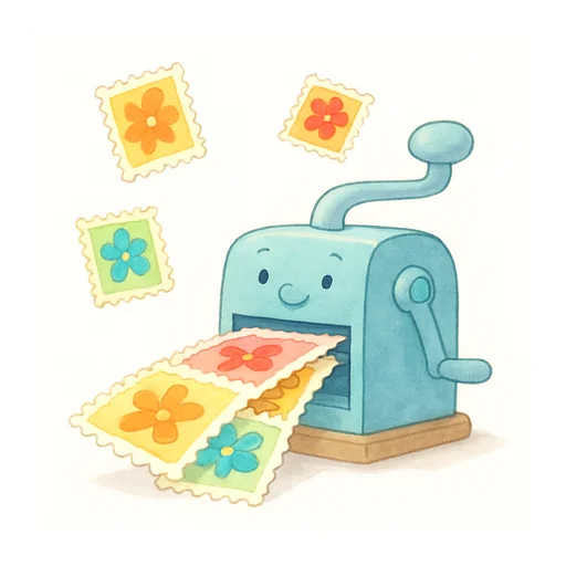 A friendly printing press printing big colourful postage stamps