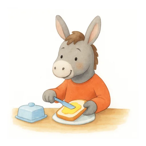 Un burro unta mantequilla en una tostada