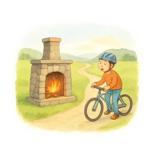 Una chimenea encendida en medio de un camino de campo y un ciclista sorprendido