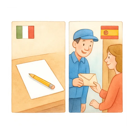 Dos viñetas: con la bandera italiana, una hoja de papel y un lápiz; con la española, un cartero entrega una carta
