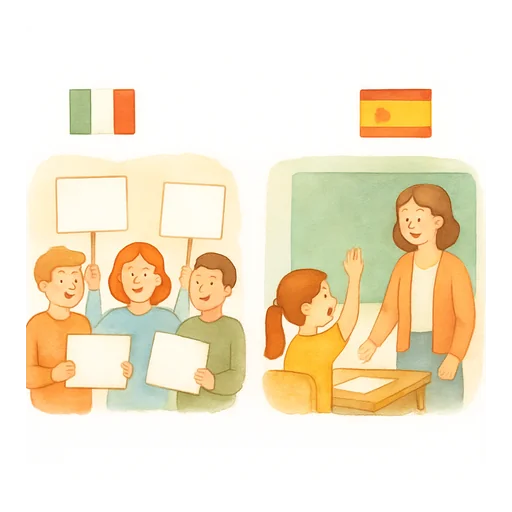 Dos viñetas: con la bandera italiana, un grupo protesta con pancartas; con la española, una alumna contesta a la profesora