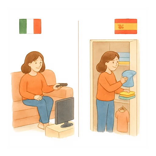 Dos viñetas: con la bandera italiana, una mujer mira la televisión; con la española, guarda la ropa en el armario
