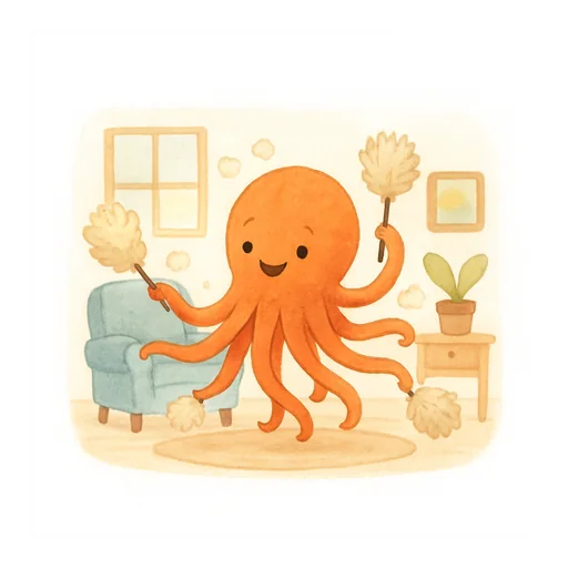 Un pulpo naranja quita el polvo de los muebles con ocho plumeros