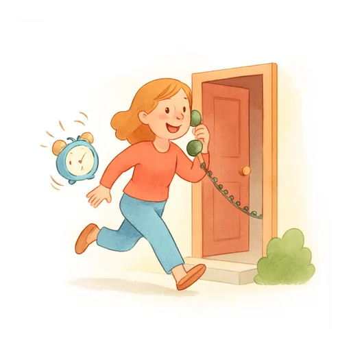Una mujer contesta al teléfono y sale corriendo por la puerta con un despertador volando detrás