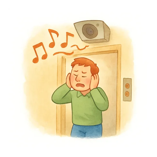 Un hombre sube en ascensor tapándose los oídos por la música a todo volumen