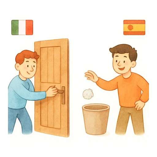 Dos viñetas: con la bandera italiana, un hombre tira de una puerta; con la española, tira un papel a la papelera