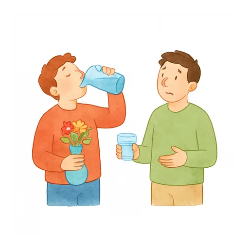 Un hombre bebe agua de un jarrón de flores mientras un amigo le ofrece un vaso