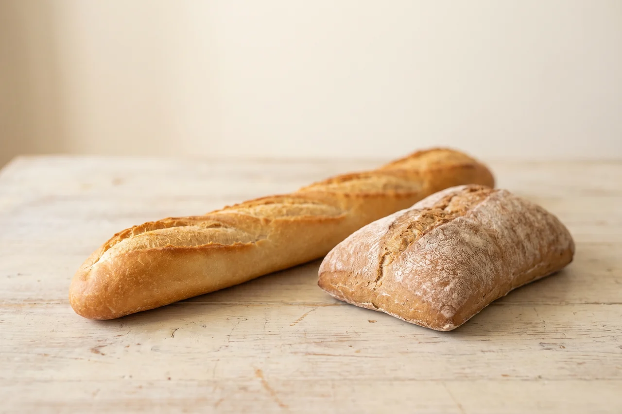 Une baguette française et une ciabatta italienne côte à côte sur une table en bois