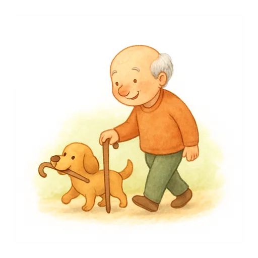 Un chien porte dans sa gueule la canne d’un vieux monsieur
