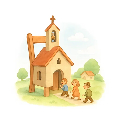 Une petite église de campagne à côté d’une chaise géante, et des villageois qui entrent
