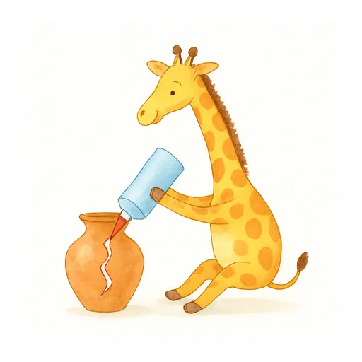 Une girafe recolle un vase cassé avec un grand tube de colle