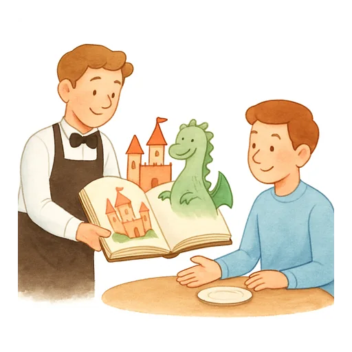 Un serveur apporte l’addition, mais c’est un livre de contes avec un château et un dragon