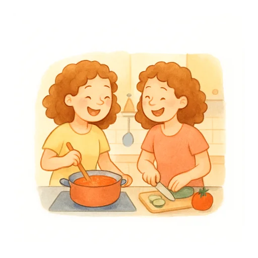 Deux cousines qui se ressemblent cuisinent ensemble en riant