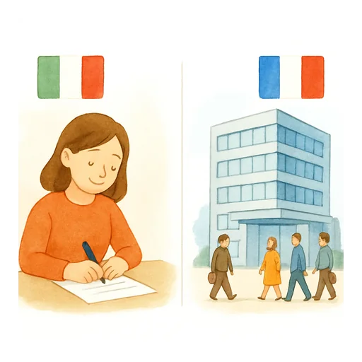Deux vignettes : avec le drapeau italien, une femme signe un document ; avec le drapeau français, un grand immeuble de bureaux