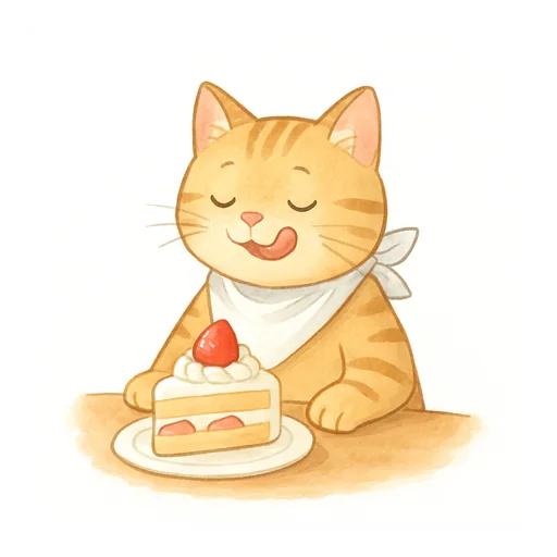 Un chat tigré avec une serviette autour du cou s’apprête à manger un gâteau aux fraises