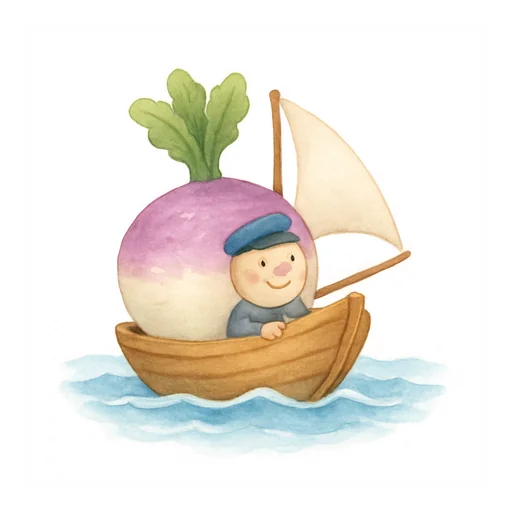 Un gros navet violet et blanc navigue sur la mer comme un bateau, avec un capitaine joyeux