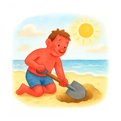 Un homme à la peau rouge de coup de soleil creuse un trou sur la plage avec une pelle