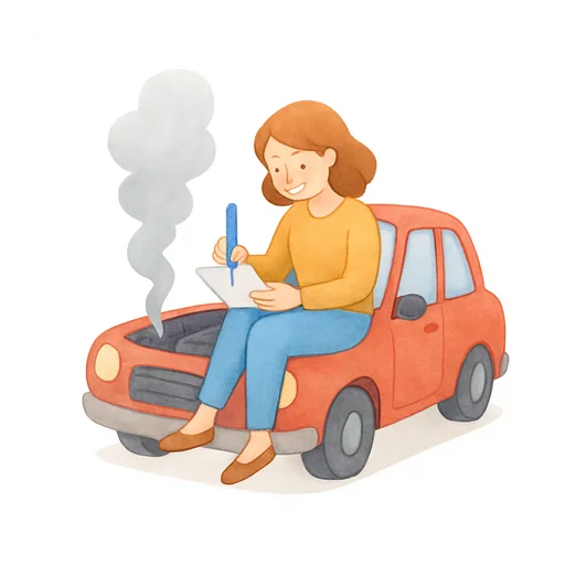 Une femme assise sur le capot de sa voiture en panne écrit un mot avec un stylo