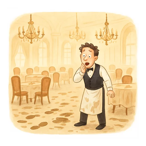Une élégante salle à manger avec des lustres, toute sale, et un serveur choqué