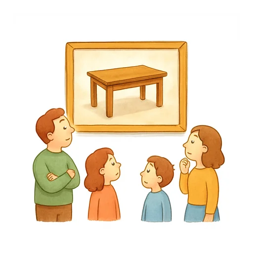 Dans un musée, des visiteurs perplexes regardent un tableau qui représente une table