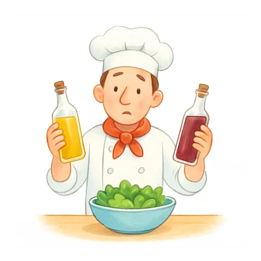 Um cozinheiro confuso segura uma garrafa de azeite e uma de vinagre sobre uma salada