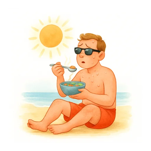Um homem sua na praia debaixo do sol enquanto toma um caldo bem quente