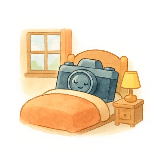 Uma grande câmera fotográfica dorme numa cama, num quarto aconchegante