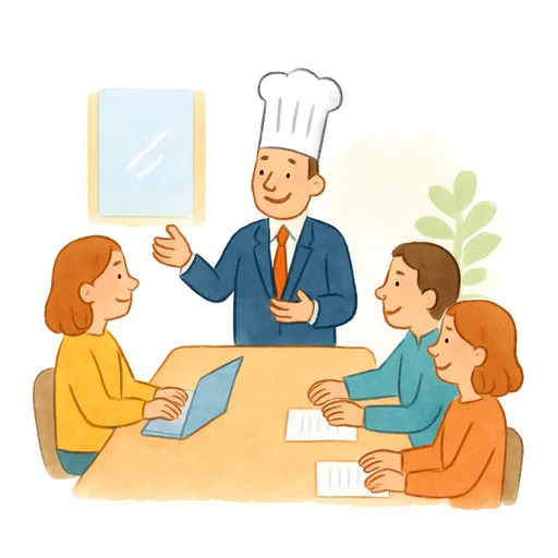 Um chefe de terno e chapéu alto de cozinheiro dirige uma reunião no escritório