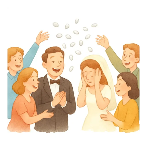 Convidados de um casamento jogam amêndoas confeitadas brancas sobre os noivos