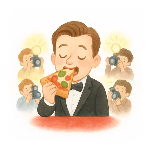 Um astro de cinema no tapete vermelho morde escondido uma fatia de pizza enquanto os fotógrafos tiram fotos